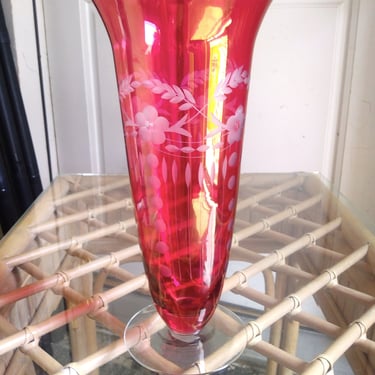 VINTAGE Tall Ruby Flash Etched Glass Vase // Pink Etched Glass Elegant Vase 