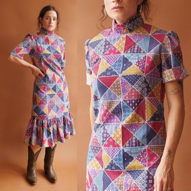 Vintage 70s Patchwork Print Drop Waist Mock Neck Cotton Dress/ Size Medium 