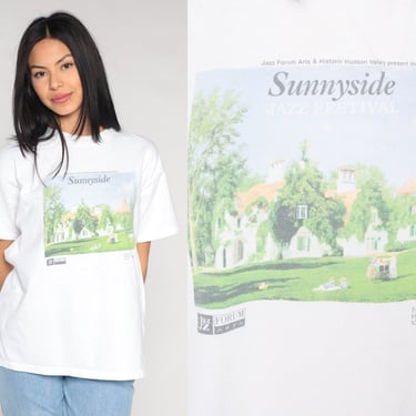 Sunnyside Jazz Festival Shirt y2k Music T-Shirt New York Hudson Valley Graphic Tee Arts Musician Retro TShirt White Vintage 00s Large L 