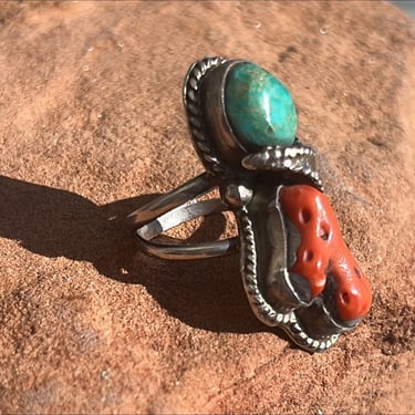 H. E. Yazzie Vintage Navajo Silver Turquoise and Coral Feather Ring - Size 7 