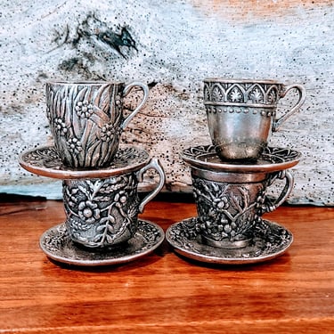 Set of 4 Pewter Place Card Holders~Teacup Name Place Cards~Tea Party Table Setting 