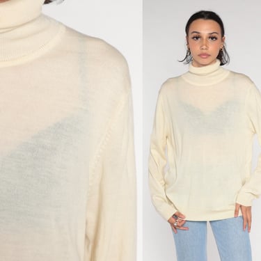 Merino Wool Sweater Y2k Sheer Cream Knit Turtleneck Sweater LL Bean Retro Basic Plain Solid Pullover Jumper Vintage 00s Extra Large xl 