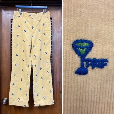 Vintage 1960’s Martini Glass TGIF Corduroy Trousers, 60’s Corduroy Pants, 60’s Embroidery, 60’s Pants, 60’s Ivy League, Vintage Clothing 
