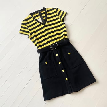 1980s Caché Yellow + Black Striped Knit Romper 