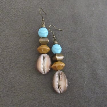 Cowrie shell earrings, long wooden earrings, African Afrocentric earrings, seashell earrings, exotic ethnic earrings, pale blue earrings 