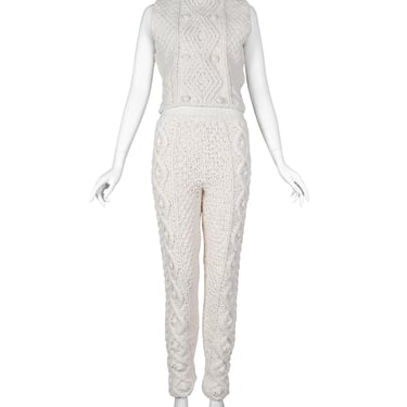 Jean Paul Gaultier Vintage AW 1985 Ivory Cotton Aran Knit Lace Up Back Top and Pant Set