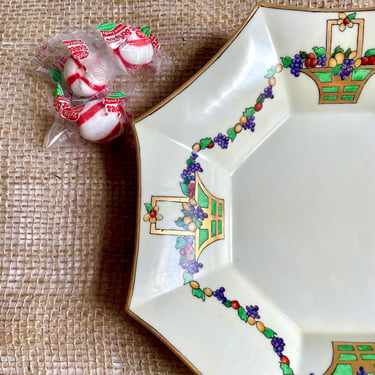 Antique, Hand-Painted Limoges Display Bowl or Taza, La Seynie P&P or Paroutaud Brothers - Octagon, Art Deco Fruit Garland, Gilt Polychrome 