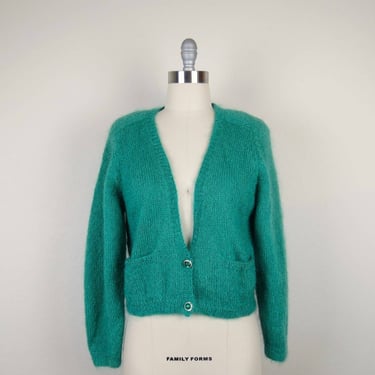 Vintage 1980s mohair cardigan sweater hand knit green turquoise jewel buttons 