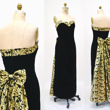 Vintage 80s Prom Dress Black Gold Evening Gown Velvet Small Medium// Vintage Black gold metallic Ruffle Dress Pageant Alyce Designs 