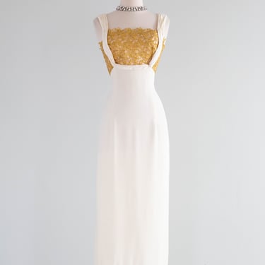 Old Hollywood Glamour 1950's Ivory Crepe Evening Gown With Metallic Gold Lace / SM