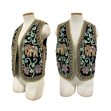 Vtg 80s 90s Metallic Elephant Floral Embroidered Ethnic Sequin Boho Ornate Vest 