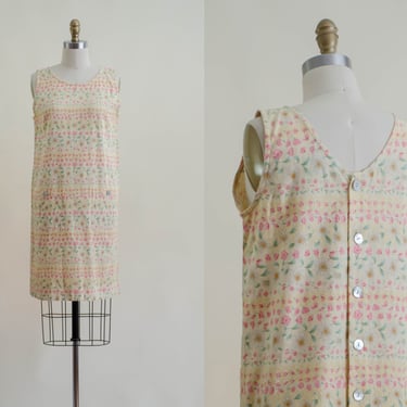 daisy floral linen dress | 90s y2k vintage pastel yellow pink white daisy loose short shift smock mini dress 