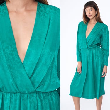 Green Silk Dress 80s Floral Wrap Dress Secretary High Waisted Midi Long Puff Sleeve V Neck Boho 1980s Vintage Long Sleeve Medium 