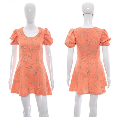 1970's Peach Floral Print Mini Dress Size M