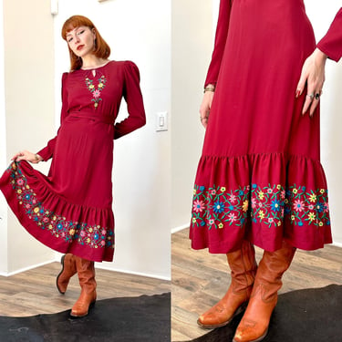 Vintage 1970s Dress / 70s Embroidered Rayon Peasant Dress / Burgundy ( S M L ) 