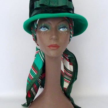 HAT TRICK Vintage 60 Carolie Empress Hat | 1960s Green Fuzzy Fur Wool Felt Bucket Hat with Faux Snake Skin Bow | 70s 1970s Mod, Mid Century 