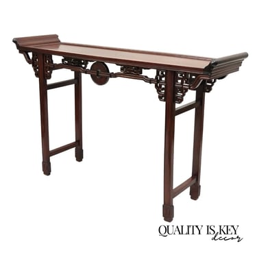 Vintage Chinese Oriental Fretwork Carved Hardwood Altar Console Hall Table