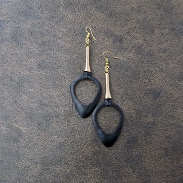 Bold earrings, black earrings, modern earrings, unique Art Deco earrings, chunky statement earrings, gold brass earrings, long earrings 