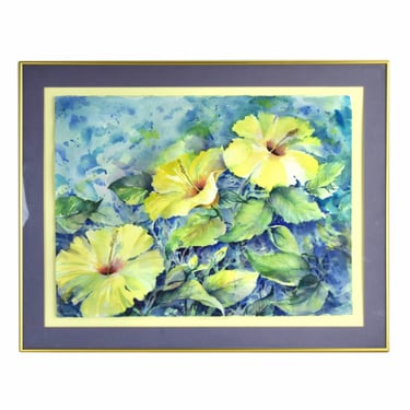 Vintage Still Life Watercolor Painting “Summer Serenade” Yellow Hibiscus Flowers Higgs 
