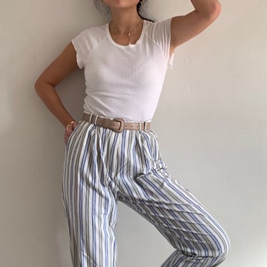 90s striped cotton pleated chinos pants / vintage soft blue striped cotton oxford cloth high waisted pleated baggy chinos pants | 31 W 