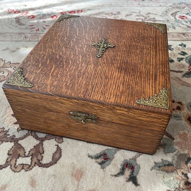 Antique wooden oak Bible box, brass filigree cross | Christian wedding gift, heirloom keepsake box, treasure chest 