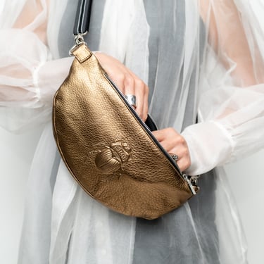 Brass Leather Scarab Embossed Belt Bag