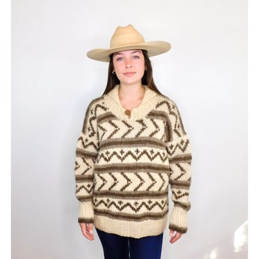 Cowichan Wool Sweater // vintage 70s knit boho hippie dress blouse hippy sweater 80s 70s grandpa cowichan style // O/S 
