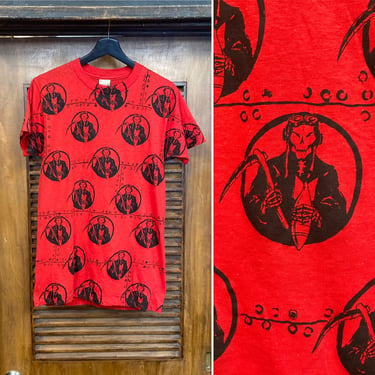 Vintage 1980’s -Deadstock- Skeleton Holding Bomb Grim Reaper All Over Print AOP “Screen Stars” T-Shirt, 80’s Tee Shirt, Vintage Clothing 