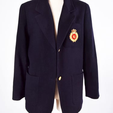 Wool Liz Claiborne Crest Jacket Blazer, Dark Navy Blue Black Preppy style, size MEDIUM, Vintage 1990's Classic Suit 