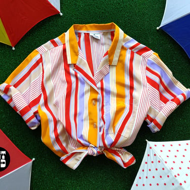 Easy Breezy Vintage 80s Orange Pastel Purple Red White Stripe Short Sleeve Collared Button Down Blouse 