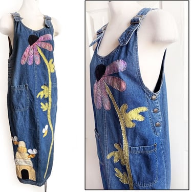 Vintage Denim Overalls Dress, BEEHIVE Flower Patchwork, Long Maxi Dress, Gardening Dress, Blue Jeans 1990's Country Hippie Boho Summer Day 