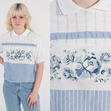 Striped Floral Blouse White Slouchy Shirt 90s Top Vintage Collared Shirt 1990s Casual Blue Short Sleeve Large L 
