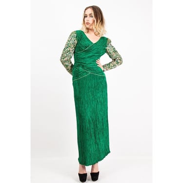 Vintage Mary McFadden plisse beaded evening gown / 1980s emerald green and gold pleated dress / M 
