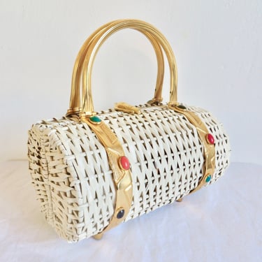 1960's Italian White Wicker Barrel Box Shape Purse Gold Handle and Hardware Glass Stones Koret 60's Handbags High End Design and Manufacture 