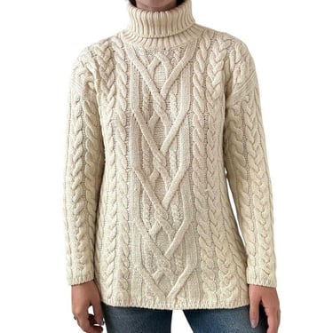 Highland Home Industries White Wool Chunky Cable Knit Scottish Fisherman Sweater 