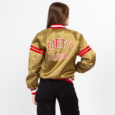 Small 80s San Francisco 49ers Chalk Line Gold Satin Jacket Unisex | Vintage NFL Forty Niners Football Snap Button Bomber 