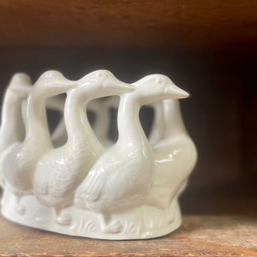 Vintage Goose Ducks Bowl Candleholder | Gaggle of Geese Ceramic Dish Bowl | Modern Farmhouse | Antique Bird Duck White Cream Pottery Vase 