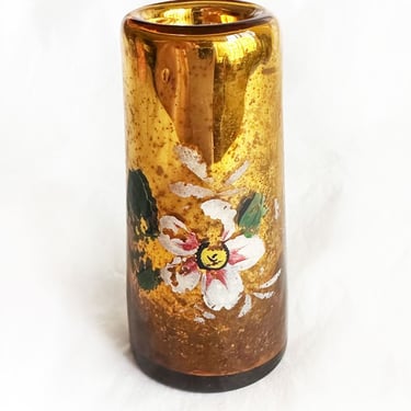 Antique Victorian Mercury Glass Gold Floral Painted Small BUD VASE Gold Candle Holder Art Glass Decor Art Deco Vintage 
