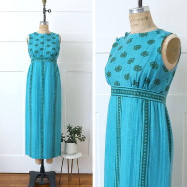 vintage 1970s bohemian maxi dress • sleeveless turquoise cotton tree print empire waist sundress 