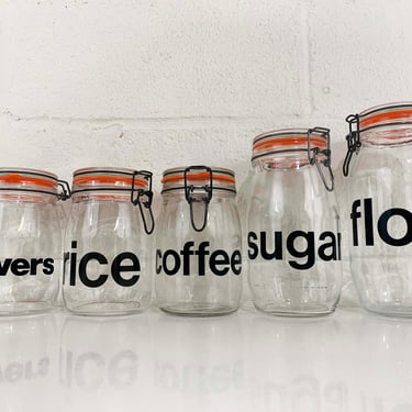 Vintage Glass Kitchen Canister Set of 5 MCM Kitchen Storage Flour Sugar Coffee Rice Leftovers Triomphe France Hermetic Seal Top Metal Wire 
