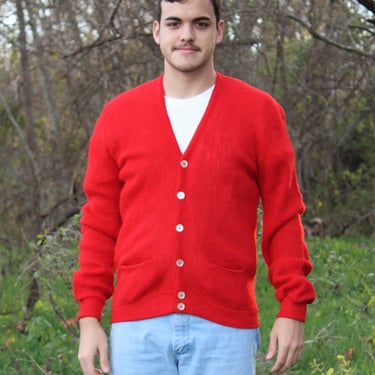 Grandpa Sweater, Vintage 1960s, Red Cardigan, Pure Alpaca, Button Front, Medium Men 