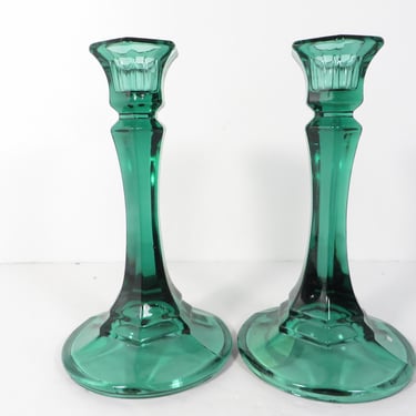 Vintage Green Glass Indiana Glass Candlesticks - Green Glass Candlesticks 