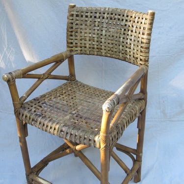 Mid Century Rattan Director's Chair Antique Woven Rawhide armchair Bamboo Counter Height Stool w/Back Rattan Stool Wicker Woven Stool 