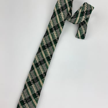 1960'S Plaid Tie - Green & Beige Cotton - Gold Lurex Thread Accents - Skinny Mod Styling 