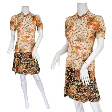 1970's Orange Brown Nylon Floral Print Tie Top I Mini Skirt I 2 Pc set I Sz Sm 