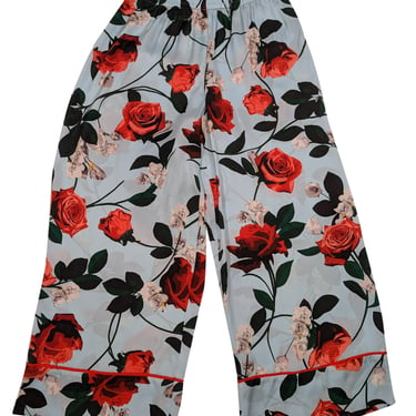 Alice & Olivia - Blue & Red Rose Print Satin Paperbag Pants Sz M