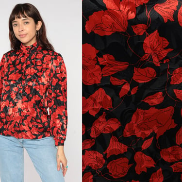 Red Floral Shirt 80s Black Embossed Puff Sleeve Blouse Floral Shirt Button Up Shirt Boho Vintage Long Puff Sleeve Bohemian Retro Small 6 