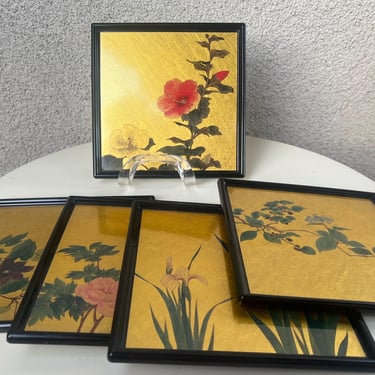 Vintage Hakuichi Original Trays Black Lacquerware Gold Leaf Floral Set 5 Japan  6.5” 