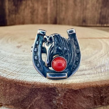 CORAL HORSESHOE ROUNDUP Sterling Silver Ring | Horse Animal Ring | Native American Navajo Southwestern Jewelry | Sz 8 1/2 