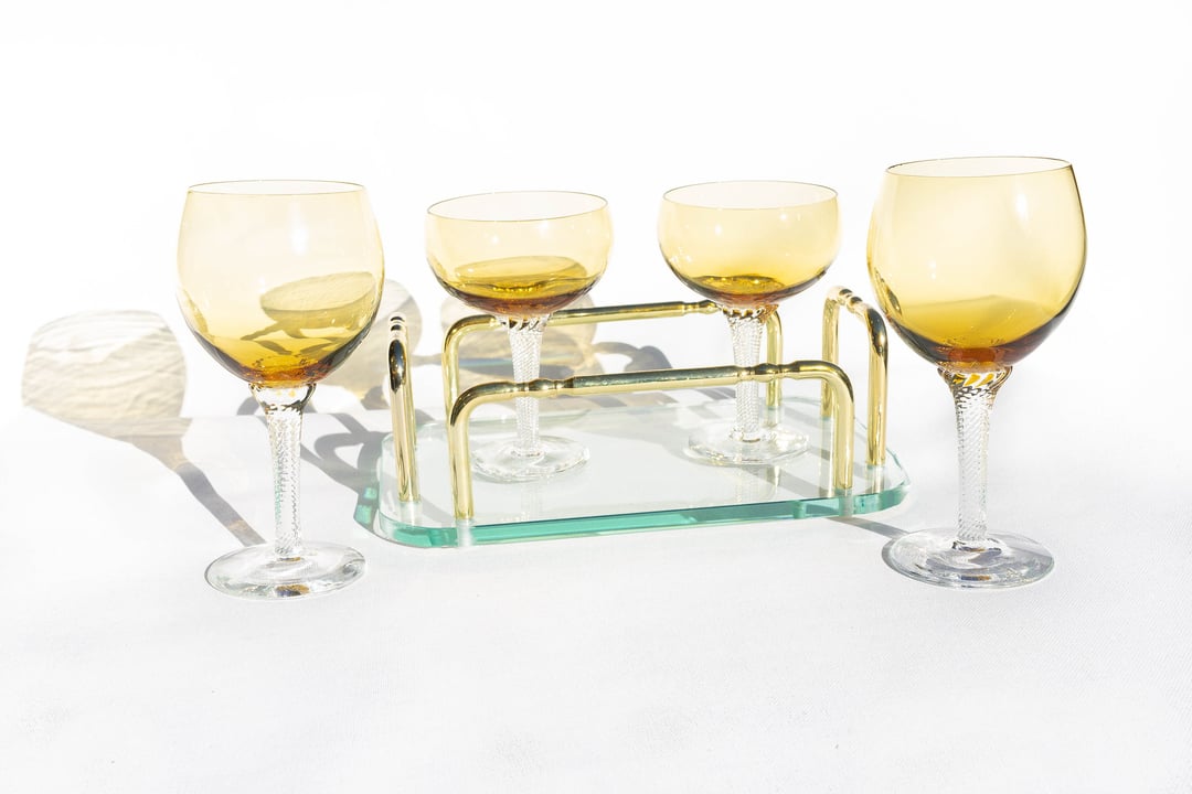 Vintage Amber Twisted Stem Wine and Champagne Coupes, Mixed Set